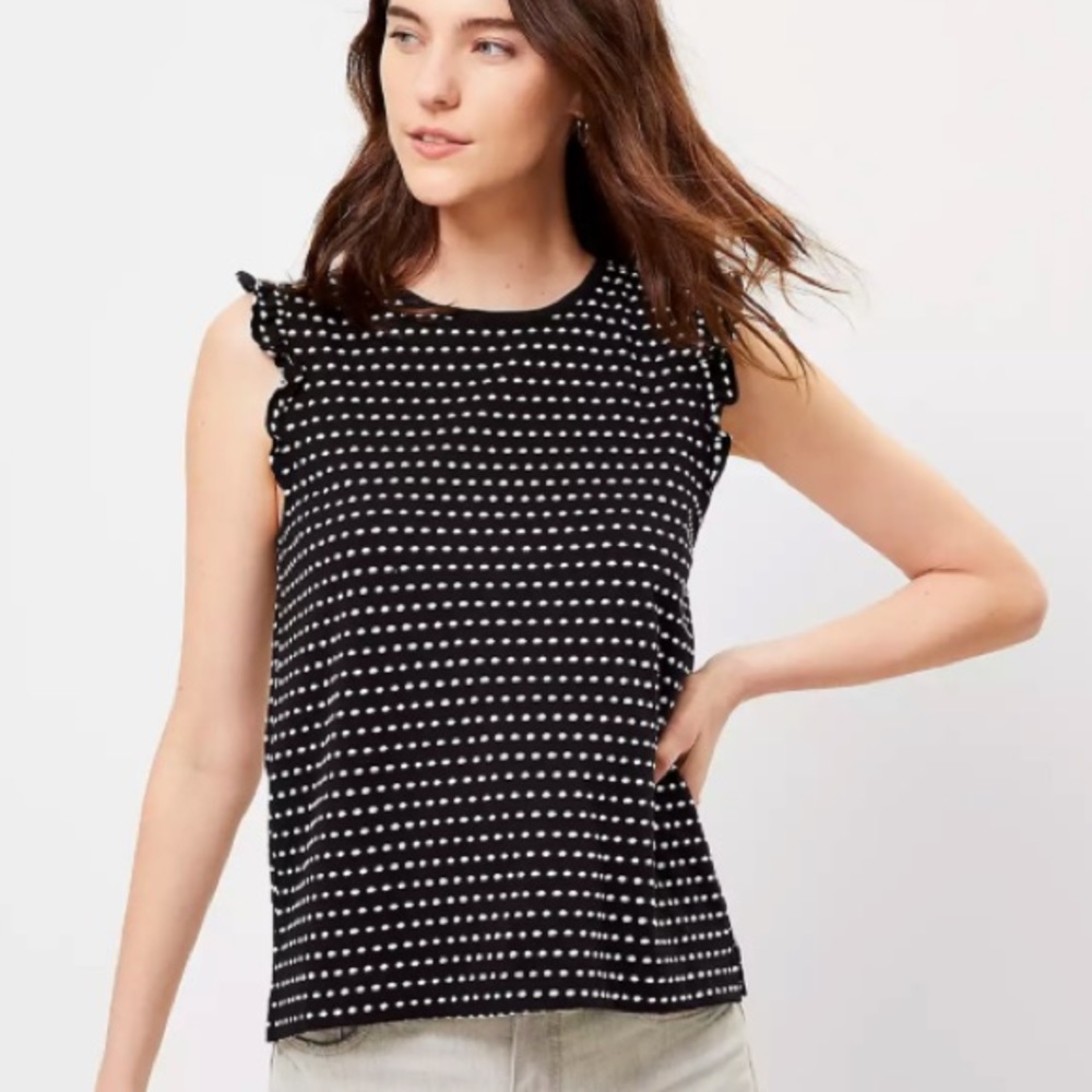 Loft XXSP black dotted ruffle shell top
